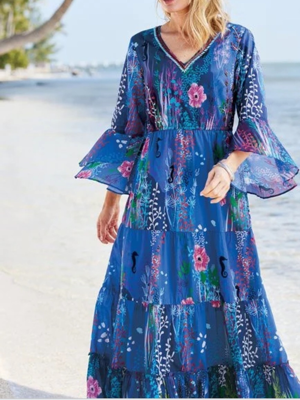 Soft Surroundings Martha Maxi Dress Blue Floral Reef Tiered Bell Sleeves Large - Picture 14 of 14